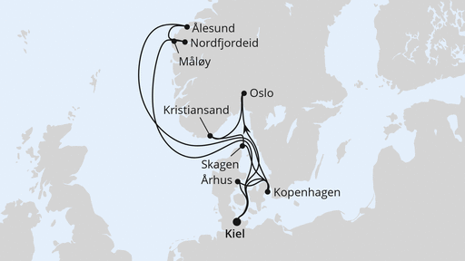 Routenverlauf für Große Skandinavien-Reise ab Kiel mit AIDAnova am 27.07.24 Routenverlauf für Große Skandinavien-Reise ab Kiel mit AIDAnova am 27.07.24