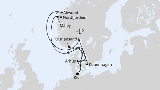 Routenverlauf für Große Skandinavienreise ab Kiel mit AIDAnova am 03.08.24 Routenverlauf für Große Skandinavienreise ab Kiel mit AIDAnova am 03.08.24