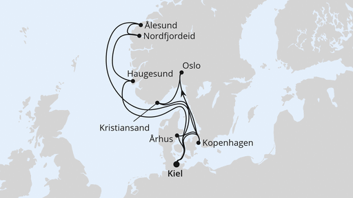 Routenverlauf für Große Skandinavien-Reise ab Kiel mit AIDAnova am 10.08.24 Routenverlauf für Große Skandinavien-Reise ab Kiel mit AIDAnova am 10.08.24