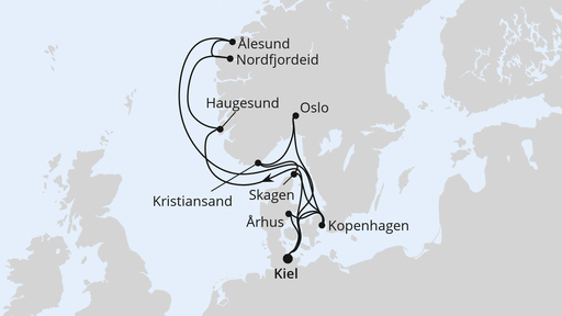 Routenverlauf für Große Skandinavien-Reise ab Kiel mit AIDAnova am 17.08.24 Routenverlauf für Große Skandinavien-Reise ab Kiel mit AIDAnova am 17.08.24