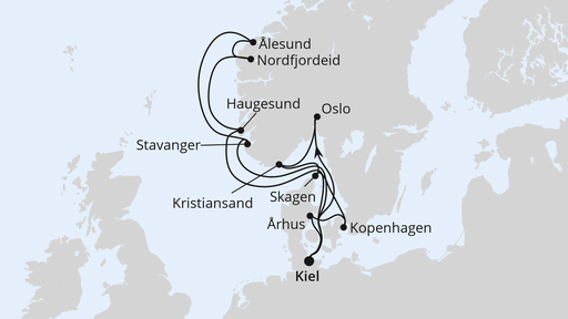 Routenverlauf für Große Skandinavien-Reise ab Kiel mit AIDAnova am 24.08.24 Routenverlauf für Große Skandinavien-Reise ab Kiel mit AIDAnova am 24.08.24