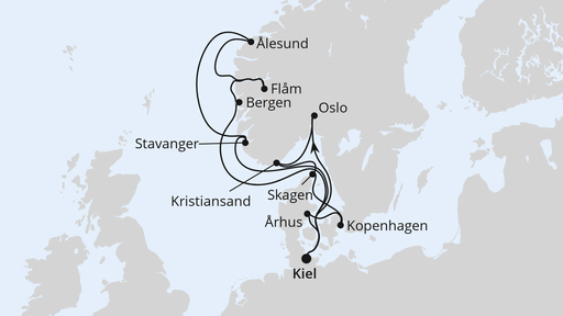 Routenverlauf für Große Skandinavien-Reise ab Kiel mit AIDAnova am 05.10.24 Routenverlauf für Große Skandinavien-Reise ab Kiel mit AIDAnova am 05.10.24