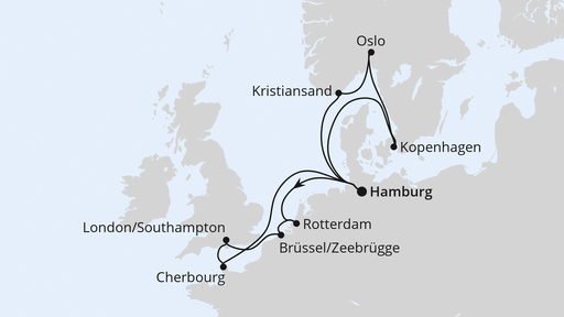 Routenverlauf für Metropolen & Skandinavien ab Hamburg mit AIDAnova am 07.12.24 Routenverlauf für Metropolen & Skandinavien ab Hamburg mit AIDAnova am 07.12.24
