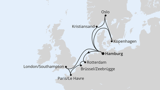 Routenverlauf für Metropolen & Skandinavien ab Hamburg mit AIDAnova am 21.12.24 Routenverlauf für Metropolen & Skandinavien ab Hamburg mit AIDAnova am 21.12.24