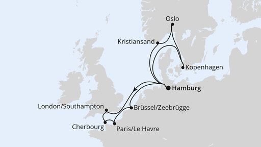 Routenverlauf für Metropolen & Skandinavien ab Hamburg mit AIDAnova am 04.01.25