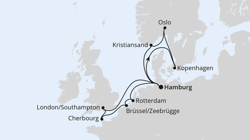 Routenverlauf für Metropolen & Skandinavien ab Hamburg mit AIDAnova am 25.01.25 Routenverlauf für Metropolen & Skandinavien ab Hamburg mit AIDAnova am 25.01.25
