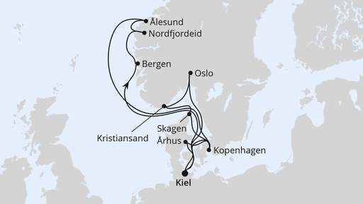 Routenverlauf für Große Skandinavien-Reise ab Kiel mit AIDAnova am 26.04.25