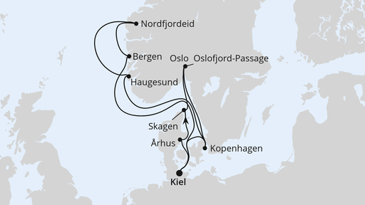 Routenverlauf für Große Skandinavien-Reise ab Kiel mit AIDAnova am 17.05.25