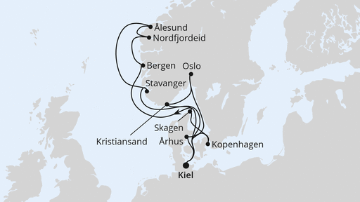Routenverlauf für Große Skandinavien-Reise ab Kiel mit AIDAnova am 31.05.25 Routenverlauf für Große Skandinavien-Reise ab Kiel mit AIDAnova am 31.05.25