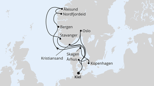 Routenverlauf für Große Skandinavien-Reise ab Kiel mit AIDAnova am 07.06.25