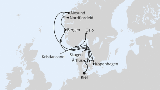 Routenverlauf für Große Skandinavien-Reise ab Kiel mit AIDAnova am 21.06.25