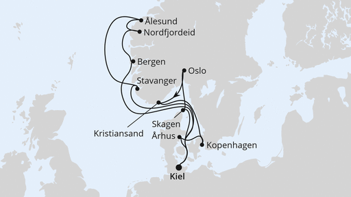 Routenverlauf für Große Skandinavien-Reise ab Kiel mit AIDAnova am 28.06.25 Routenverlauf für Große Skandinavien-Reise ab Kiel mit AIDAnova am 28.06.25