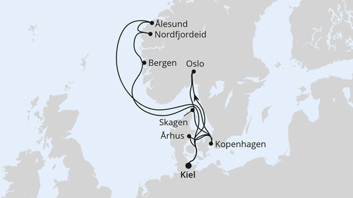 Routenverlauf für Große Skandinavien-Reise ab Kiel mit AIDAnova am 26.07.25 Routenverlauf für Große Skandinavien-Reise ab Kiel mit AIDAnova am 26.07.25