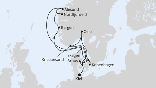 Routenverlauf für Große Skandinavien-Reise ab Kiel mit AIDAnova am 02.08.25 Routenverlauf für Große Skandinavien-Reise ab Kiel mit AIDAnova am 02.08.25