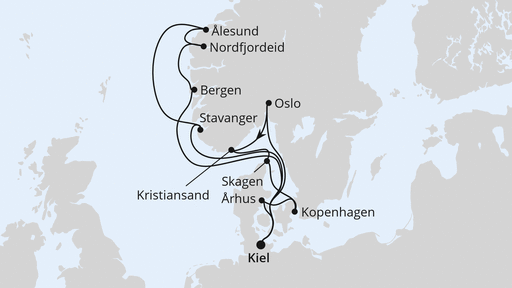 Routenverlauf für Große Skandinavien-Reise ab Kiel mit AIDAnova am 09.08.25