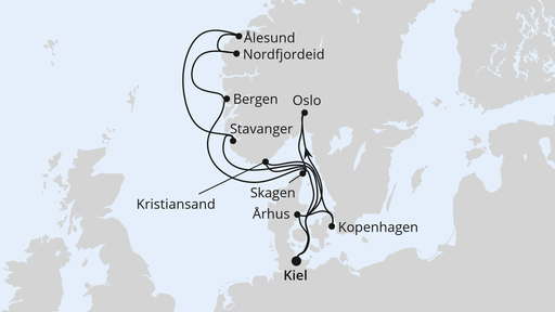 Routenverlauf für Große Skandinavienreise ab Kiel mit AIDAnova am 06.09.25 Routenverlauf für Große Skandinavienreise ab Kiel mit AIDAnova am 06.09.25