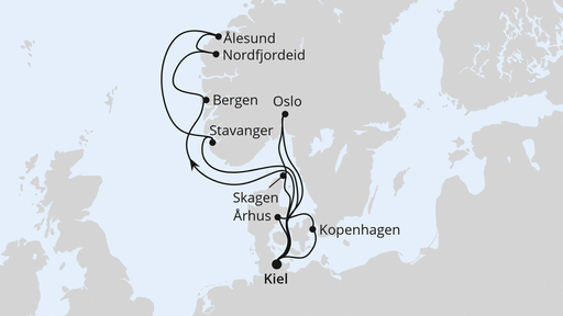 Routenverlauf für Große Skandinavien-Reise ab Kiel mit AIDAnova am 13.09.25