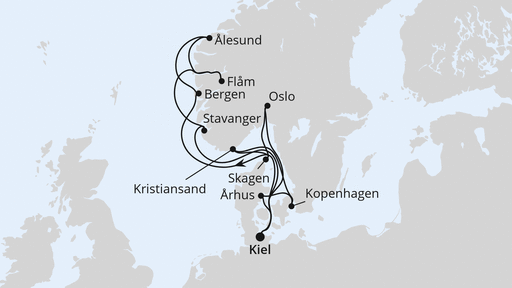 Routenverlauf für Große Skandinavien-Reise ab Kiel mit AIDAnova am 27.09.25