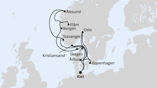 Routenverlauf für Große Skandinavien-Reise ab Kiel mit AIDAnova am 11.10.25