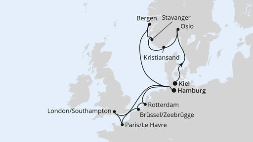 Routenverlauf für Metropolen & Südnorwegen ab Kiel mit AIDAnova am 01.11.25