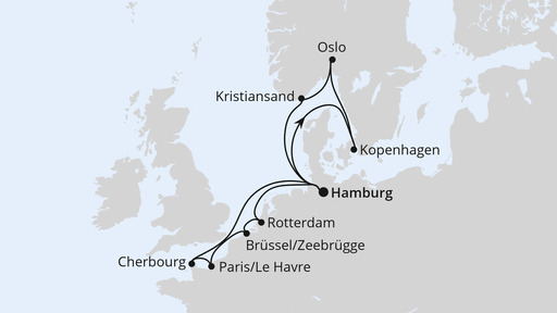 Routenverlauf für Metropolen & Skandinavien ab Hamburg mit AIDAnova am 13.12.25 Routenverlauf für Metropolen & Skandinavien ab Hamburg mit AIDAnova am 13.12.25