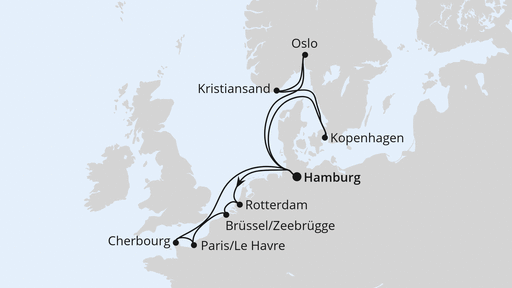 Routenverlauf für Metropolen & Skandinavien ab Hamburg mit AIDAnova am 20.12.25 Routenverlauf für Metropolen & Skandinavien ab Hamburg mit AIDAnova am 20.12.25