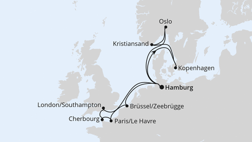 Routenverlauf für Metropolen & Skandinavien ab Hamburg mit AIDAnova am 27.12.25 Routenverlauf für Metropolen & Skandinavien ab Hamburg mit AIDAnova am 27.12.25
