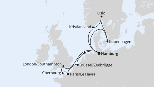 Routenverlauf für Metropolen & Skandinavien ab Hamburg mit AIDAnova am 03.01.26 Routenverlauf für Metropolen & Skandinavien ab Hamburg mit AIDAnova am 03.01.26