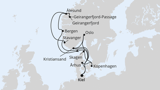 Routenverlauf für Große Skandinavien-Reise ab Kiel mit AIDAnova am 18.04.26 Routenverlauf für Große Skandinavien-Reise ab Kiel mit AIDAnova am 18.04.26