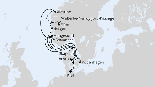 Routenverlauf für Große Skandinavien-Reise ab Kiel mit AIDAnova am 02.05.26 Routenverlauf für Große Skandinavien-Reise ab Kiel mit AIDAnova am 02.05.26