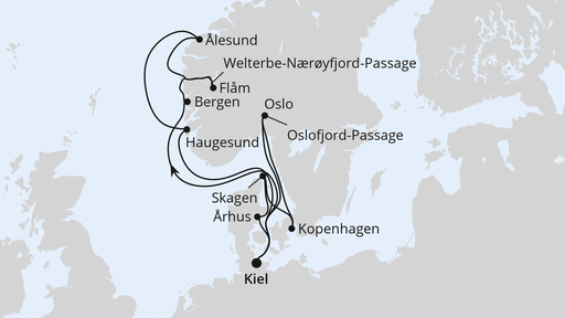 Routenverlauf für Große Skandinavien-Reise ab Kiel mit AIDAnova am 16.05.26 Routenverlauf für Große Skandinavien-Reise ab Kiel mit AIDAnova am 16.05.26