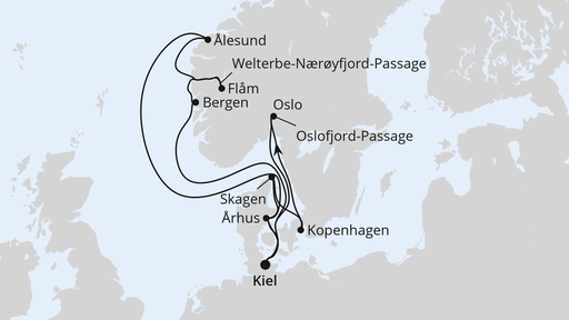 Routenverlauf für Große Skandinavien-Reise ab Kiel mit AIDAnova am 23.05.26