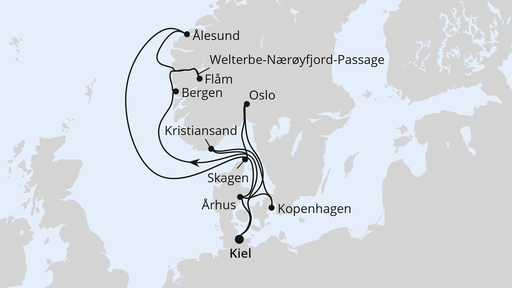Routenverlauf für Große Skandinavien-Reise ab Kiel mit AIDAnova am 30.05.26 Routenverlauf für Große Skandinavien-Reise ab Kiel mit AIDAnova am 30.05.26