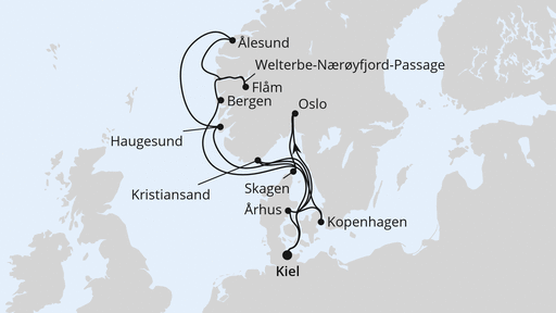 Routenverlauf für Große Skandinavien-Reise ab Kiel mit AIDAnova am 06.06.26 Routenverlauf für Große Skandinavien-Reise ab Kiel mit AIDAnova am 06.06.26