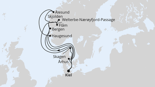 Routenverlauf für Große Norwegen-Reise ab Kiel mit AIDAnova am 13.06.26 Routenverlauf für Große Norwegen-Reise ab Kiel mit AIDAnova am 13.06.26