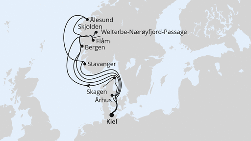 Routenverlauf für Große Norwegen-Reise ab Kiel mit AIDAnova am 20.06.26 Routenverlauf für Große Norwegen-Reise ab Kiel mit AIDAnova am 20.06.26