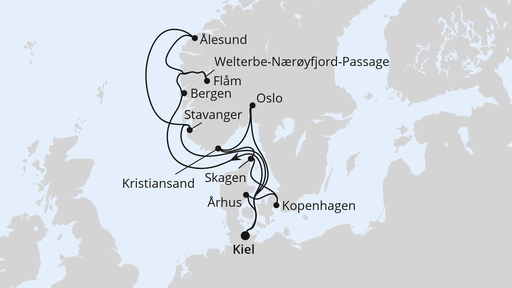 Routenverlauf für Große Skandinavien-Reise ab Kiel mit AIDAnova am 27.06.26 Routenverlauf für Große Skandinavien-Reise ab Kiel mit AIDAnova am 27.06.26