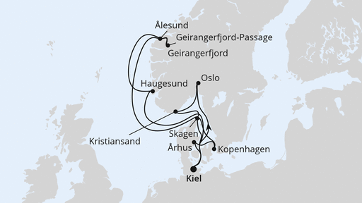 Routenverlauf für Große Skandinavien-Reise ab Kiel mit AIDAnova am 04.07.26 Routenverlauf für Große Skandinavien-Reise ab Kiel mit AIDAnova am 04.07.26