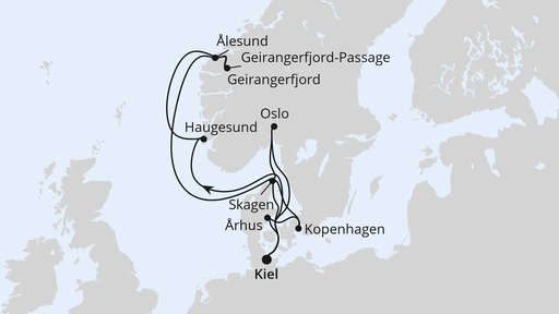 Routenverlauf für Große Skandinavien-Reise ab Kiel mit AIDAnova am 11.07.26