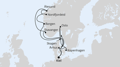 Routenverlauf für Große Skandinavien-Reise ab Kiel mit AIDAnova am 18.07.26