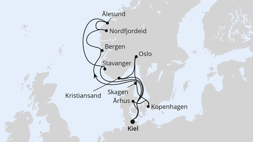 Routenverlauf für Große Skandinavien-Reise ab Kiel mit AIDAnova am 25.07.26