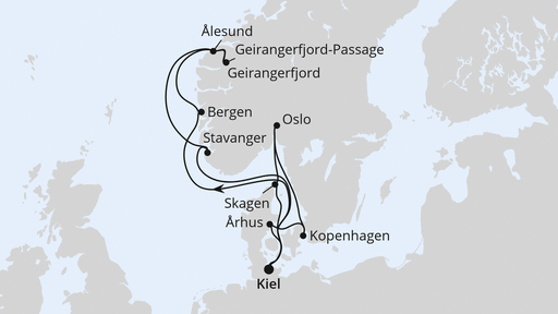 Routenverlauf für Große Skandinavien-Reise ab Kiel mit AIDAnova am 08.08.26 Routenverlauf für Große Skandinavien-Reise ab Kiel mit AIDAnova am 08.08.26