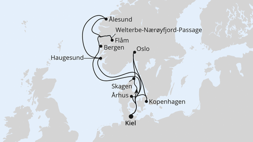 Routenverlauf für Große Skandinavien-Reise ab Kiel mit AIDAnova am 15.08.26 Routenverlauf für Große Skandinavien-Reise ab Kiel mit AIDAnova am 15.08.26