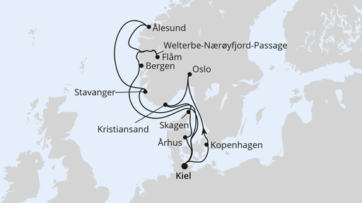 Routenverlauf für Große Skandinavien-Reise ab Kiel mit AIDAnova am 29.08.26 Routenverlauf für Große Skandinavien-Reise ab Kiel mit AIDAnova am 29.08.26