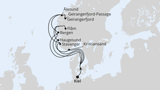 Routenverlauf für Große Norwegen-Reise ab Kiel mit AIDAnova am 12.09.26