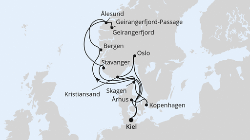 Routenverlauf für Große Skandinavien-Reise ab Kiel mit AIDAnova am 03.10.26 Routenverlauf für Große Skandinavien-Reise ab Kiel mit AIDAnova am 03.10.26