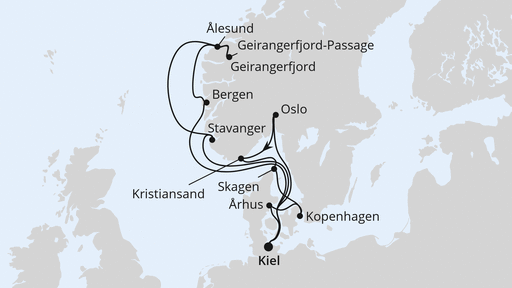 Routenverlauf für Große Skandinavien-Reise ab Kiel mit AIDAnova am 10.10.26 Routenverlauf für Große Skandinavien-Reise ab Kiel mit AIDAnova am 10.10.26