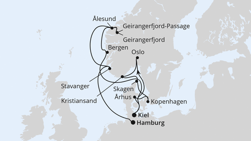 Routenverlauf für Große Skandinavien-Reise ab Kiel mit AIDAnova am 24.10.26