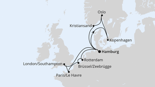 Routenverlauf für Metropolen & Skandinavien ab Hamburg mit AIDAnova am 02.01.27 Routenverlauf für Metropolen & Skandinavien ab Hamburg mit AIDAnova am 02.01.27