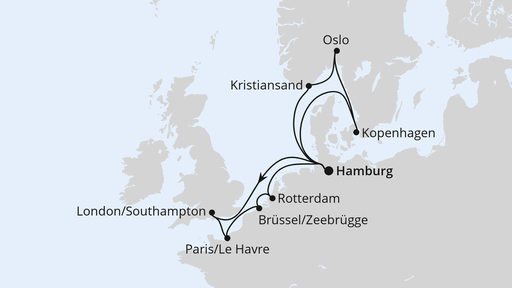 Routenverlauf für Metropolen & Skandinavien ab Hamburg mit AIDAnova am 09.01.27 Routenverlauf für Metropolen & Skandinavien ab Hamburg mit AIDAnova am 09.01.27